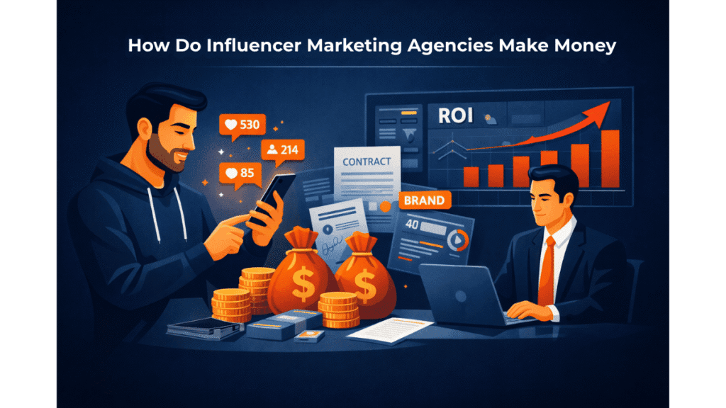 Illustration explaining how influencer marketing agencies make money through campaigns, contracts, ROI tracking, and brand partnerships.