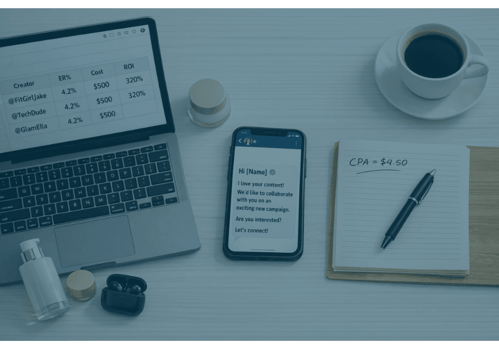 Flat lay of laptop showing influencer ROI spreadsheet next to smartphone with Instagram DM outreach template, representing how to run influencer marketing without an agency.