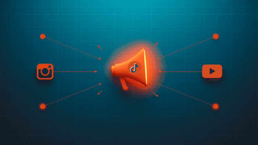 Symmetrical infographic showing interconnected social media icons and a central hub, representing how to start an influencer marketing agency, in teal and orange.