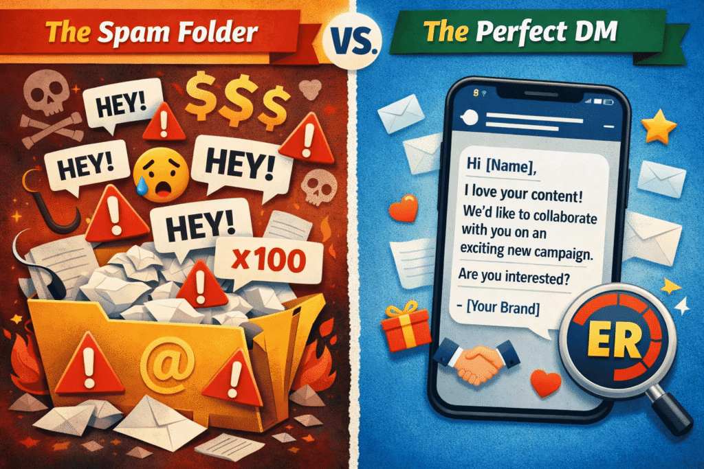 Side-by-side comparison of a bad spam folder saying Collab question mark and the Marketings personalized outreach template showing a specific compliment and low-pressure offer.