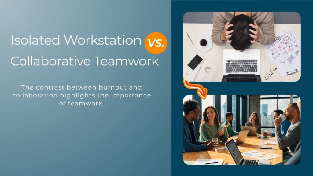 A side‑by‑side illustration: on the right, a tired person buried in software tabs; on the right, a coordinated agency team with a glowing handshake symbol representing relationship‑driven success.