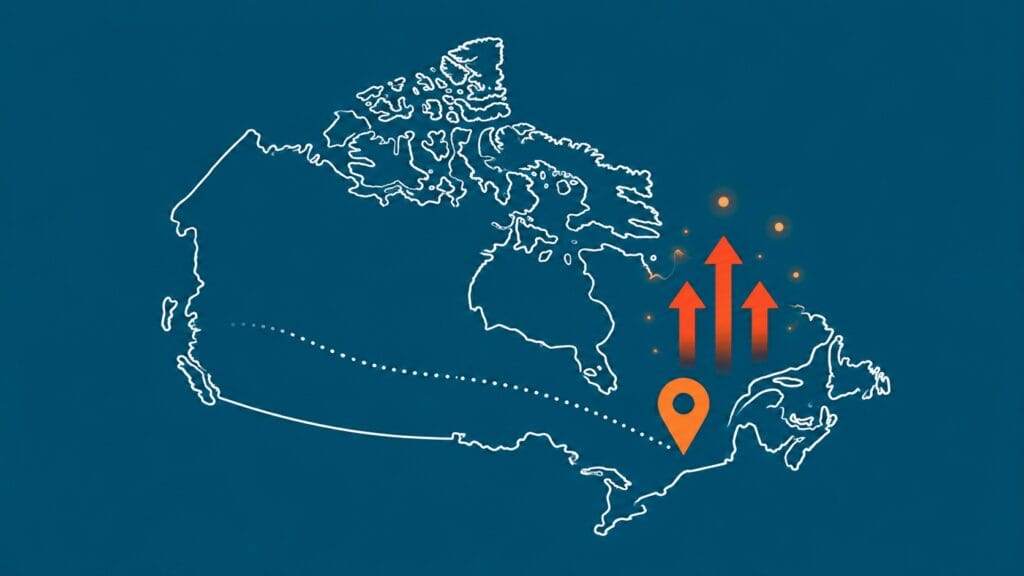 Stylized map of Canada in white on dark blue background, with a glowing orange location pin and three red-orange upward arrows.