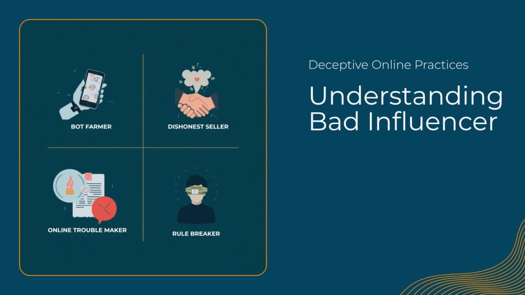 Illustration of four dangerous influencer types: Bot Farmer, Dishonest Seller, Online Troublemaker, and Rule Breaker, shown as stylized caution icons on a dark teal background.