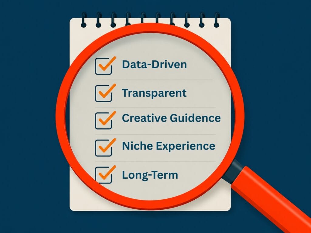 Checklist for choosing an influencer marketing agency: Data‑Driven, Transparent Reporting, Creative Guidance, Niche Experience, long‑Term Partnerships.