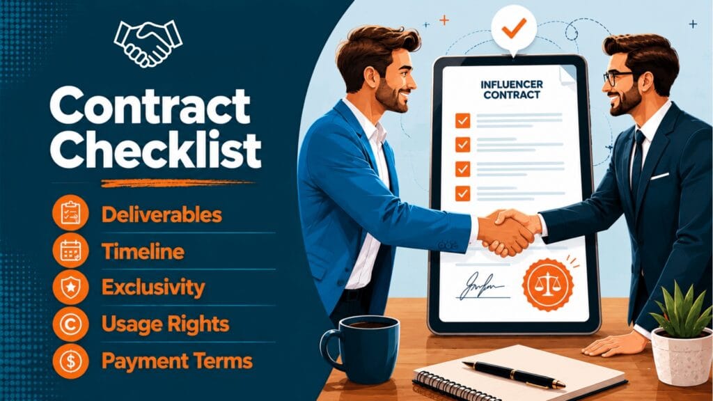 Influencer contract checklist showing deliverables, timeline, exclusivity, usage rights, and payment terms