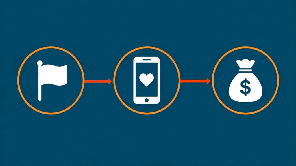 Three connected circles showing a brand, a smartphone, and a money bag on a dark blue background representing influencer marketing agency Canada services.