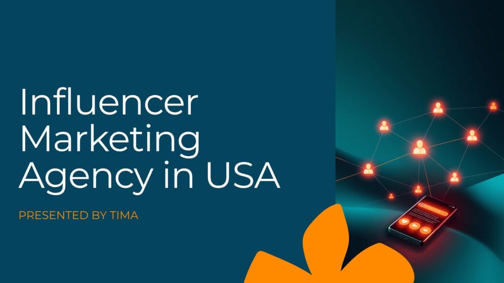 A featured image for the blog post “Influencer Marketing Agency USA” showing a glowing network connecting a brand with multiple content creators, with a smartphone displaying an engaging social media post, in dark teal, orange, and red-orange colors.