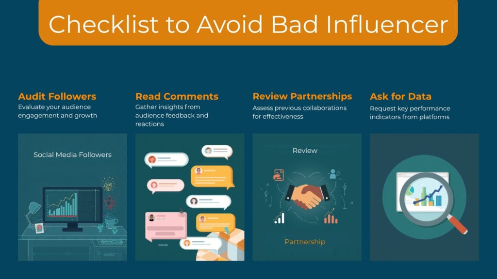 A checklist with items like audit followers, read comments, check disclosures, glowing with a green shield for vetting safety.