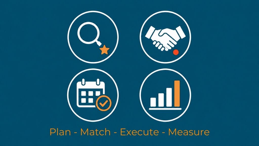 Four small icons showing a magnifying glass, a handshake, a calendar, and a bar chart rising up, all on a dark blue background.