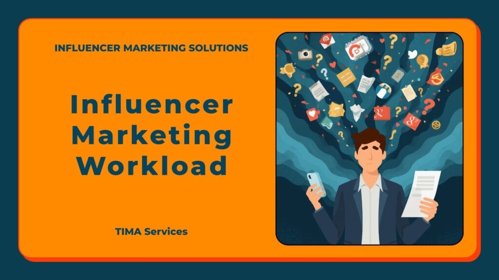 A brand marketer stands confused amid floating social media icons, contract papers and notification bells, symbolizing the chaotic influencer marketing landscape.