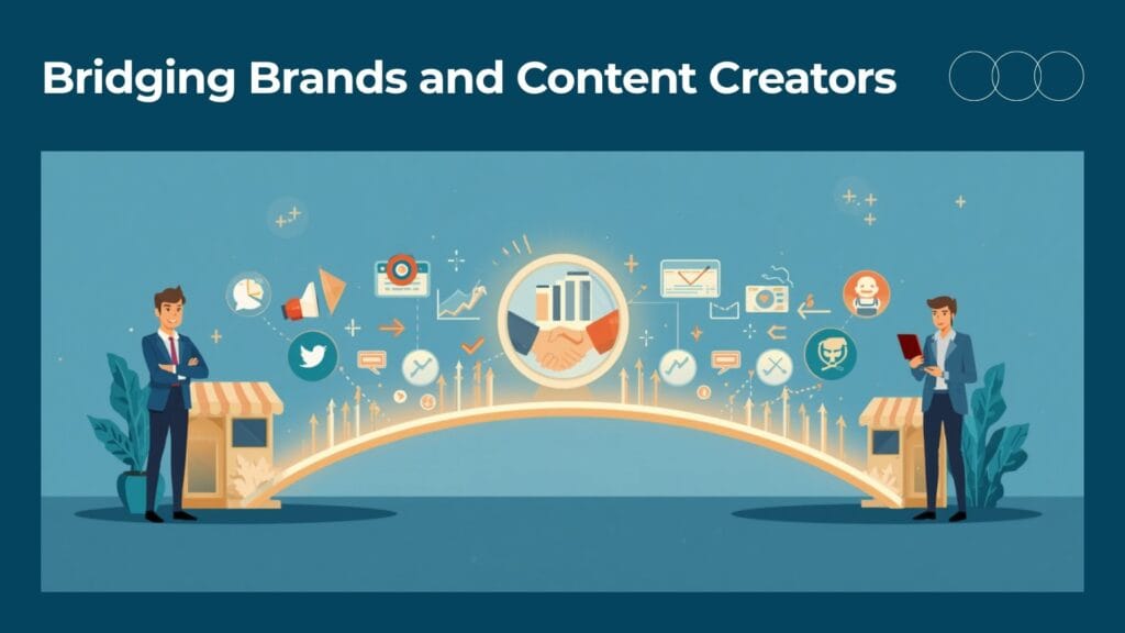 What Does an Influencer Marketing Agency Do – modern flat vector illustration showing a brand manager and content creator connected by social media icons, analytics, and partnership symbols.