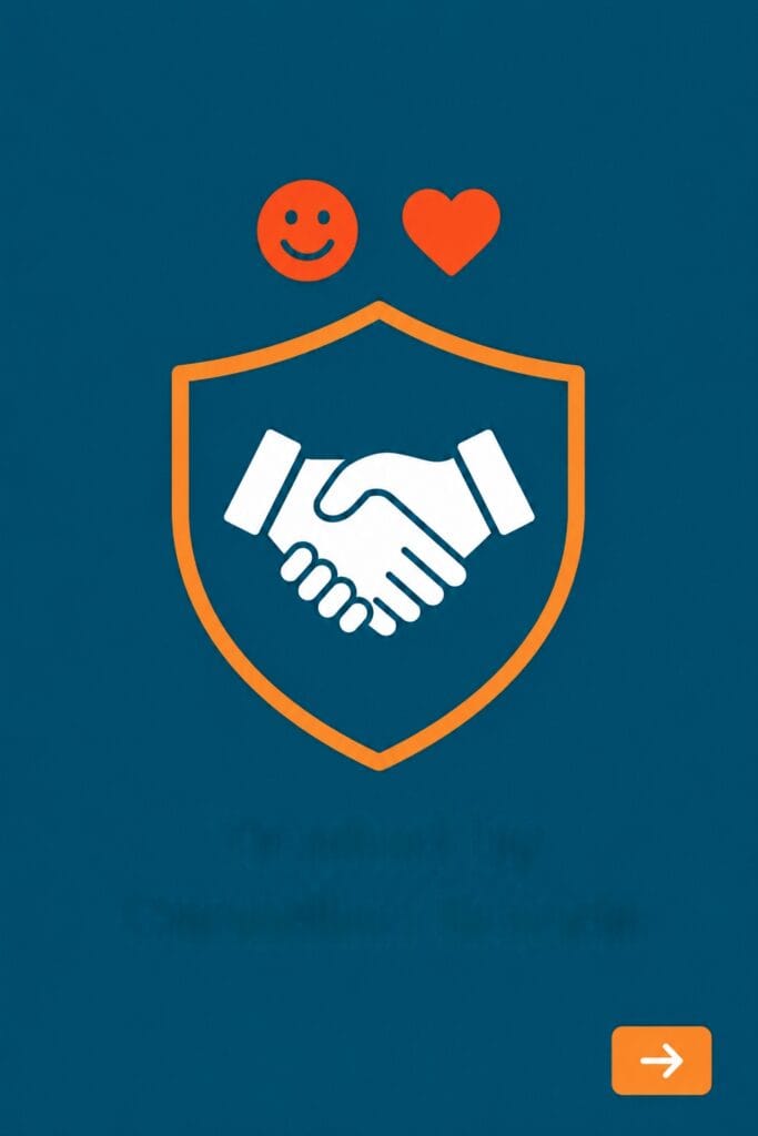 A glowing orange button with a handshake icon, plus a smiling face and a heart on a dark blue background.